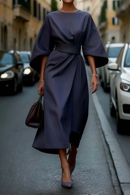 Women's Elegant Lace-Up Maxi Dress with Puff Sleeves