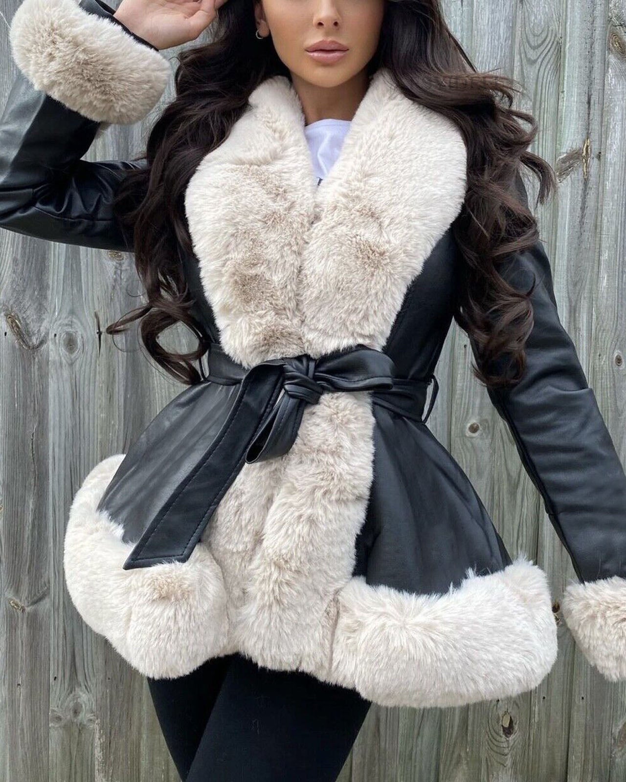 Elegant Leather Jacket Fur Collar Lace-Up Waist