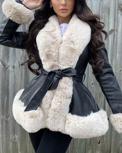 Elegant Leather Jacket Fur Collar Lace-Up Waist