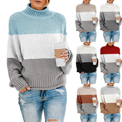 Damen Pullover Grobstrick Hochkragen Modern Farbblock - IdealeKleiden