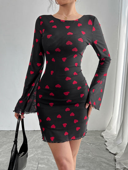 Women's Mini Dress Romantic Heart Pattern Long Sleeve