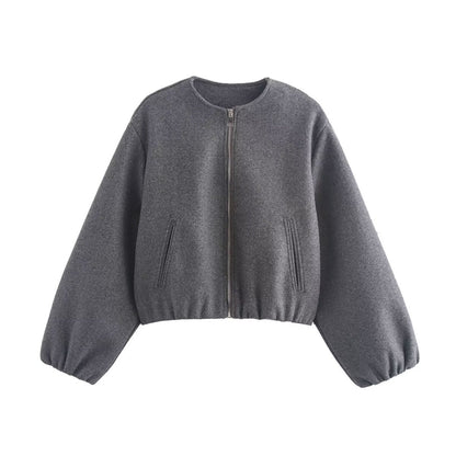 Women's Short Wool Jacket Zipper Modern Style