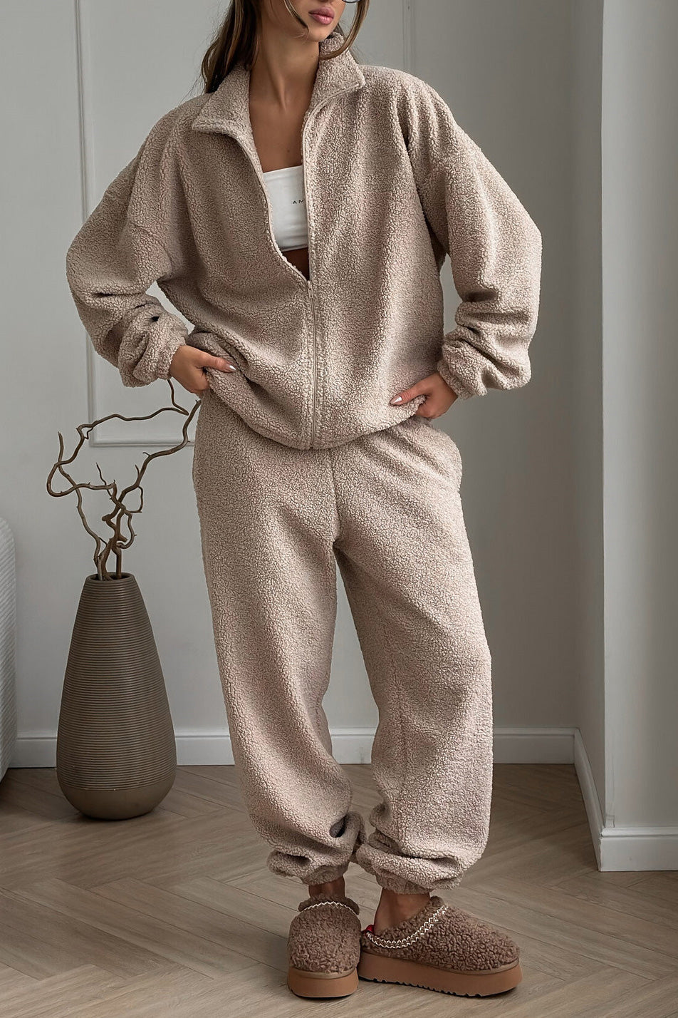 Warm Fleece Outfit Set Cardigan and Trousers