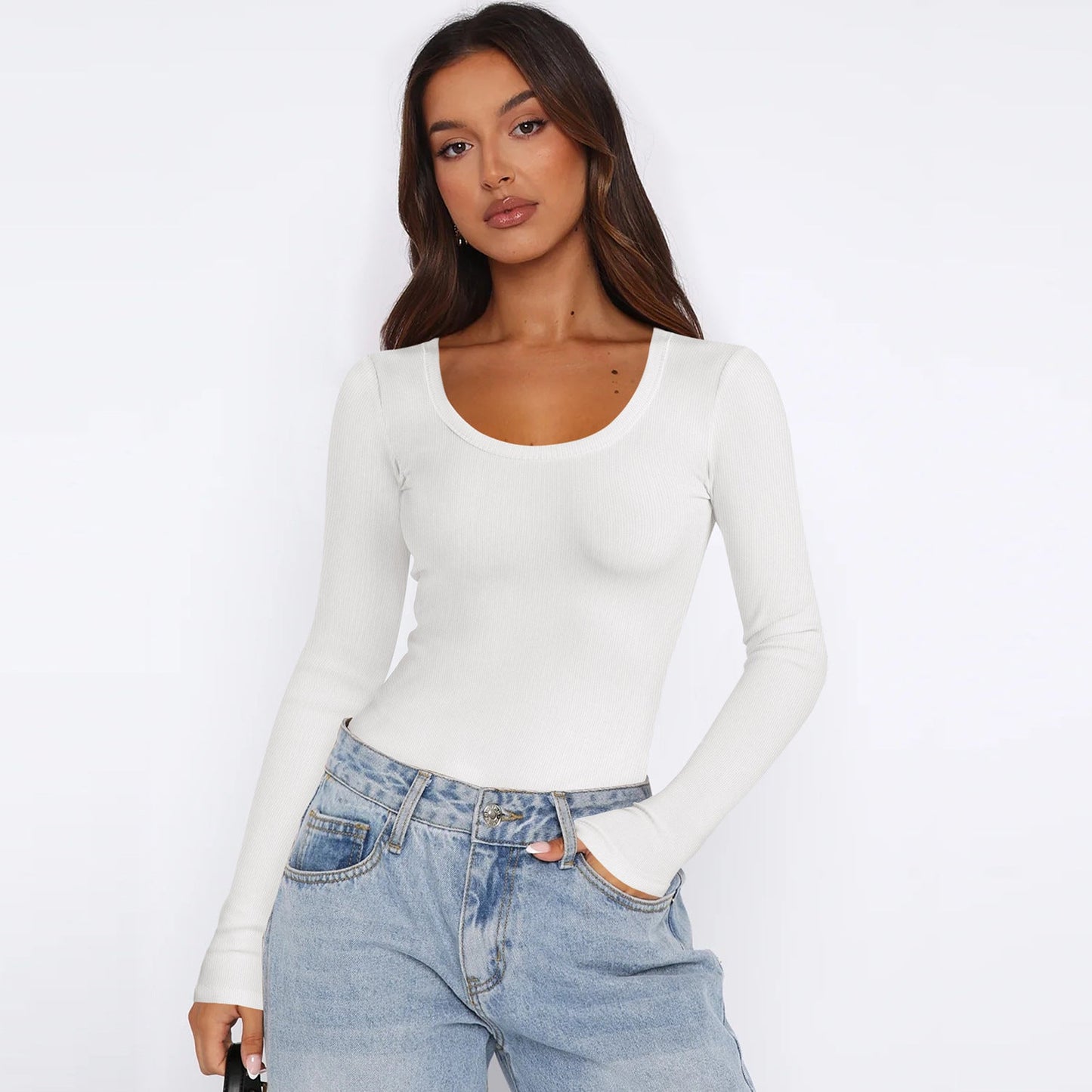 Women's Long-Sleeve Top Fine Ribbed Crew Neck Elegant