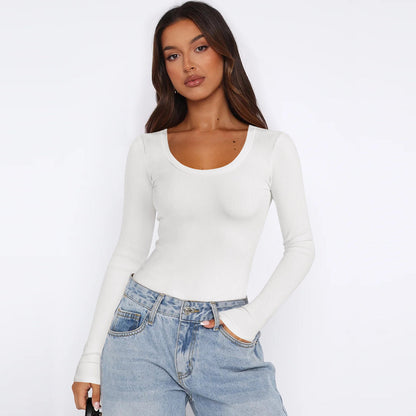 Women's Long-Sleeve Top Fine Ribbed Crew Neck Elegant
