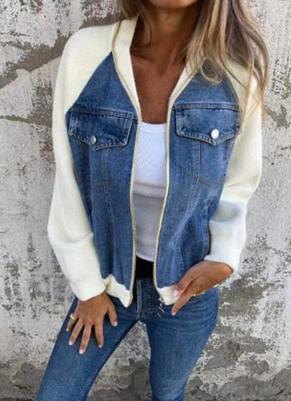 Women's Sweater Jacket Denim Style Fleece Sleeves