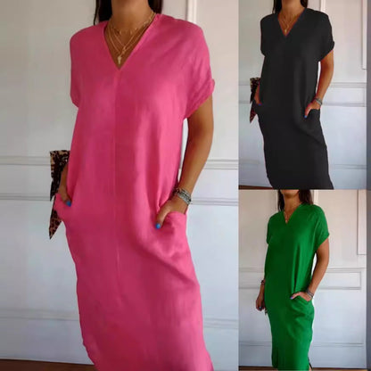 Sommerkleid Damen Viskose Leinen Elegant V-Ausschnitt - IdealeKleiden