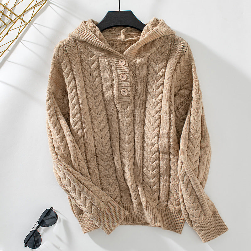 Women's Knitted Jumper Hood Cable Knit Pattern Winter