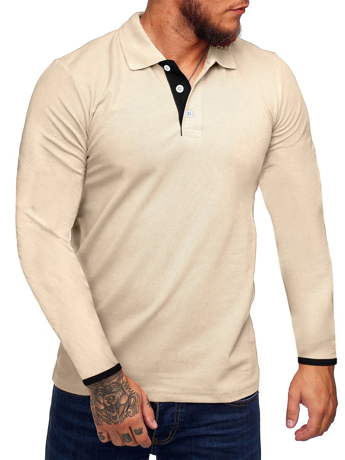 Men's Long-Sleeve Polo Shirt Modern Contrast Buttons