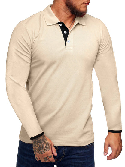 Men's Long-Sleeve Polo Shirt Modern Contrast Buttons