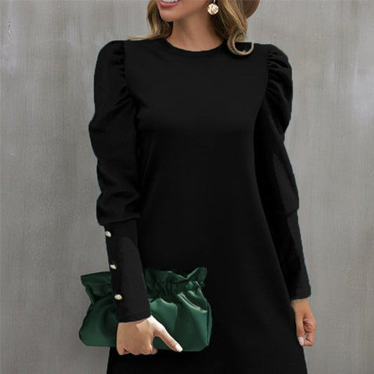 Damen Minikleid Rundhals Elegantes Puffärmel Kleid - IdealeKleiden