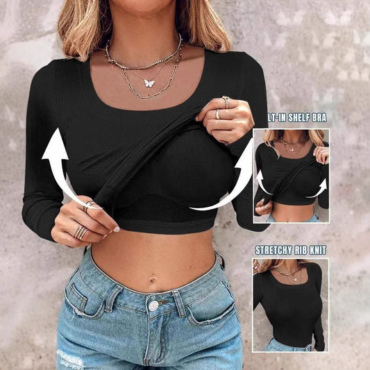 Damen Crop Top Langarm BH Einlage Stretch - IdealeKleiden