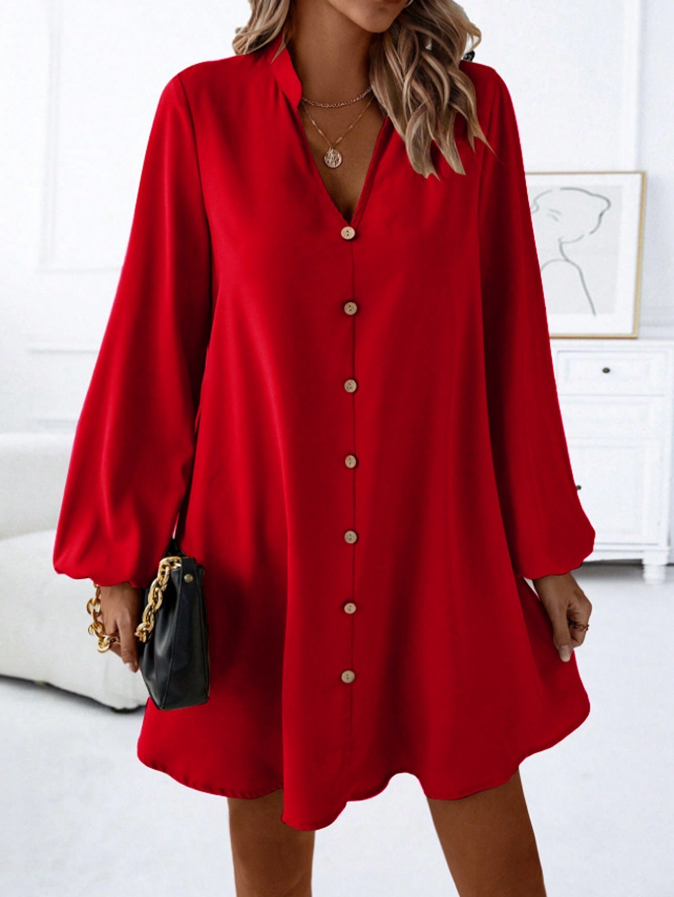Women's Short Dress Elegant Puff Sleeve Design