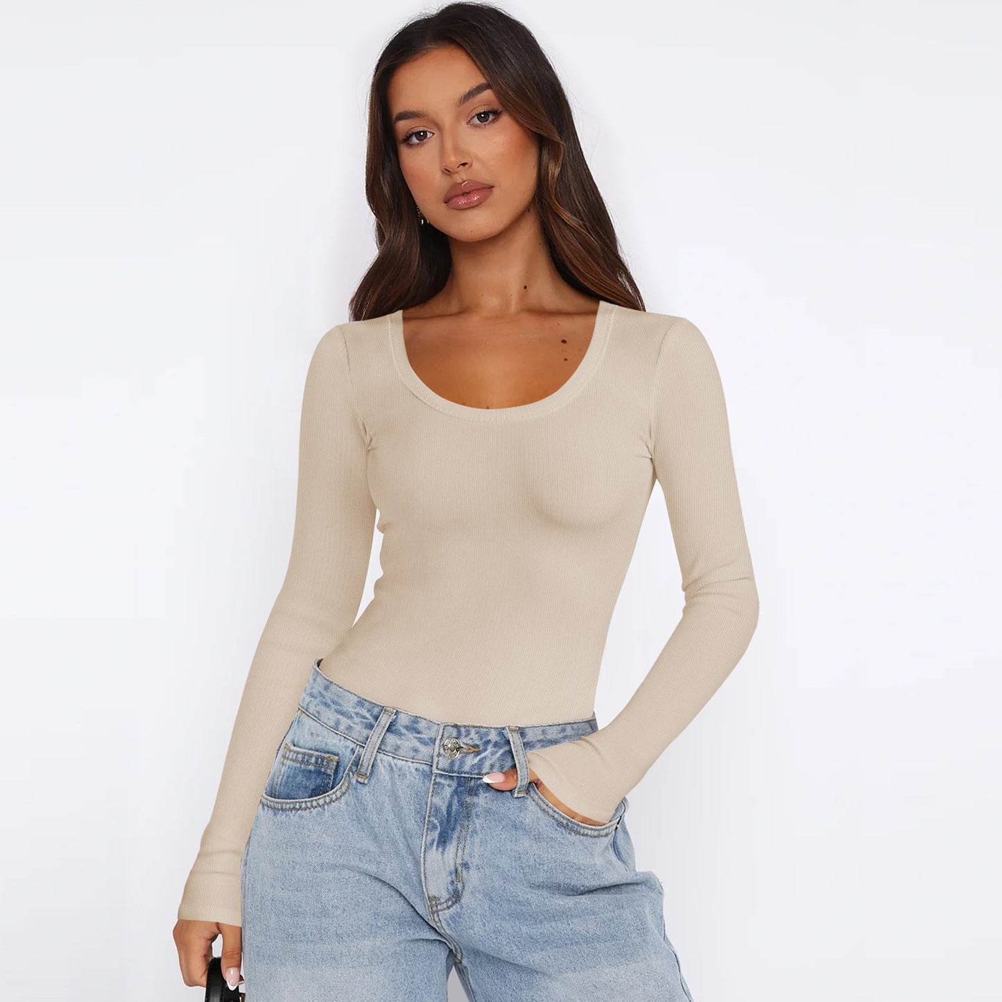 Women's Long-Sleeve Top Fine Ribbed Crew Neck Elegant