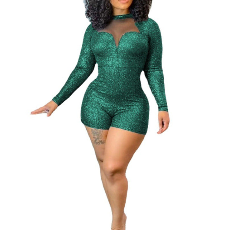 Women's Glitter Jumpsuit with Sheer Cutouts Evening Dress