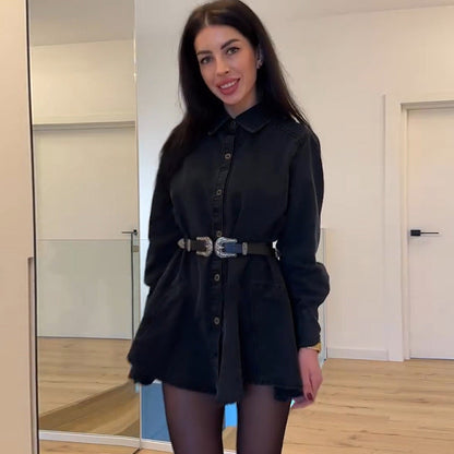 Women's Denim Dress with Belt, Figure-Hugging
