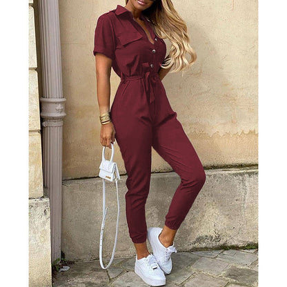 Damen Jumpsuit Elegant Tailliert Knopfleiste