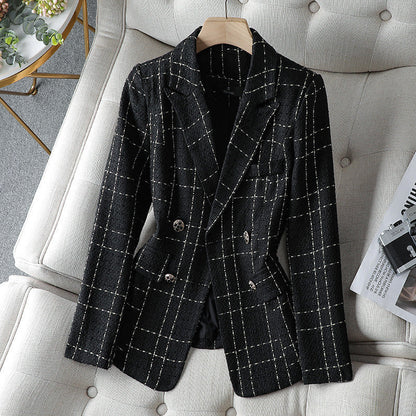 Stylish Tweed-Look Double-Breasted Blazer Plaid Pattern