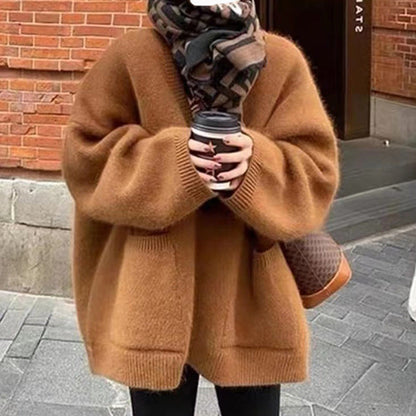 Übergröße Strickjacke Weich Wollmischung V-Ausschnitt - IdealeKleiden