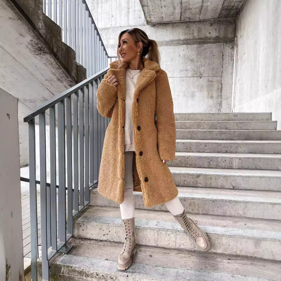 Women's Plus Size Teddy Jacket Midi Button Closure