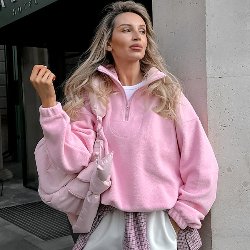 Damen Fleece Pullover Kurz Reißverschluss Modern Style - IdealeKleiden