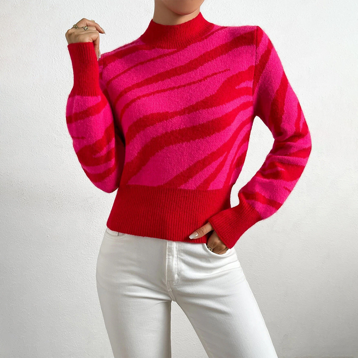 Zebra Knit Sweater for Women Elegant High Collar