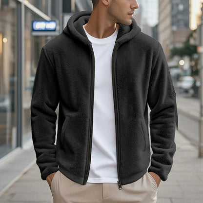 Men's Fleece Jacket Hood Zipper Pockets Outdoor