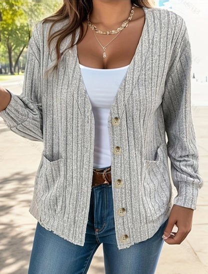 Klassische Strickjacke Bequem Gerippt Mit Knöpfen - IdealeKleiden
