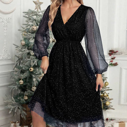 Damen Partykleid Glitter Puffärmel Abendkleid Elegant - IdealeKleiden
