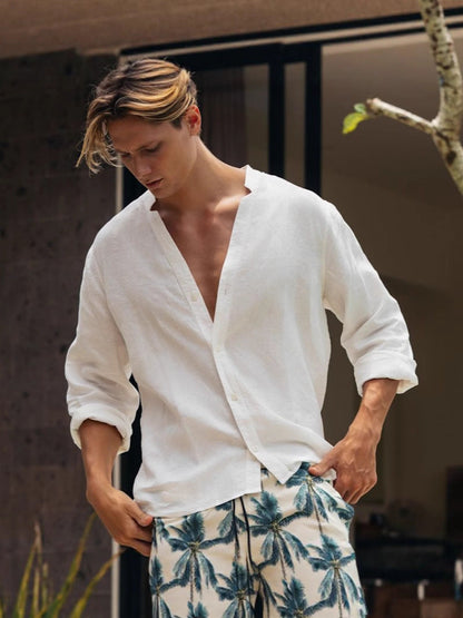 Men's Relaxed Fit Linen Shirt Button Fastening