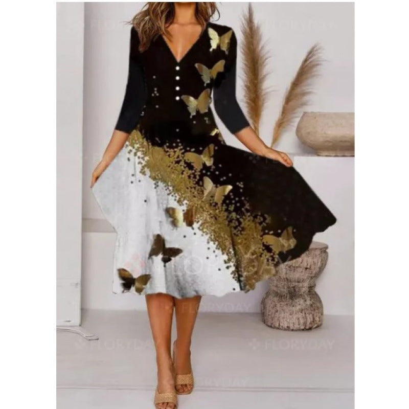 Damen Midi-Kleid V-Ausschnitt Blumenmuster Elegant