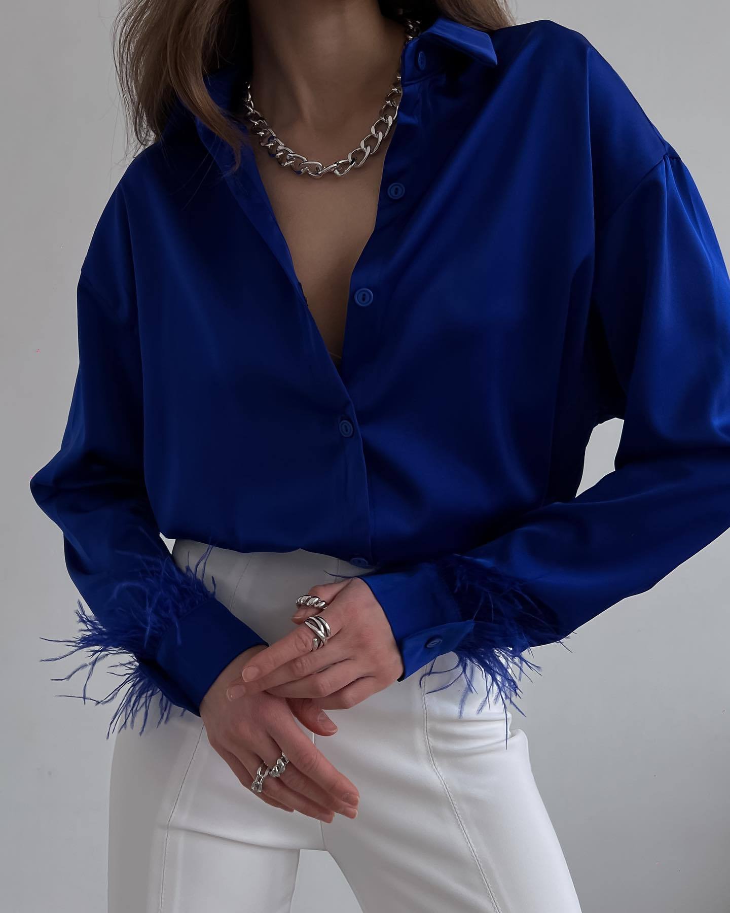 Women's Blouse Elegant Feather Neckline Satin