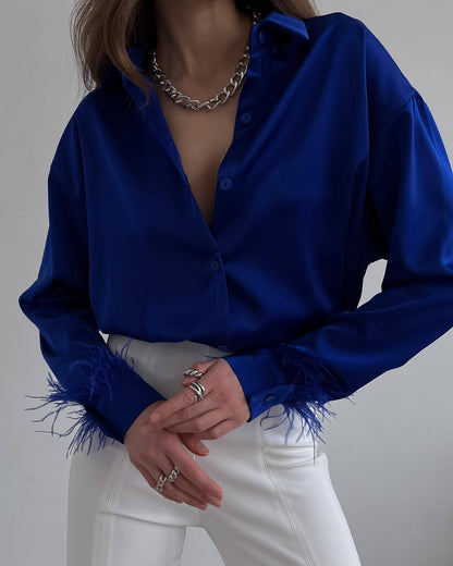 Women's Blouse Elegant Feather Neckline Satin