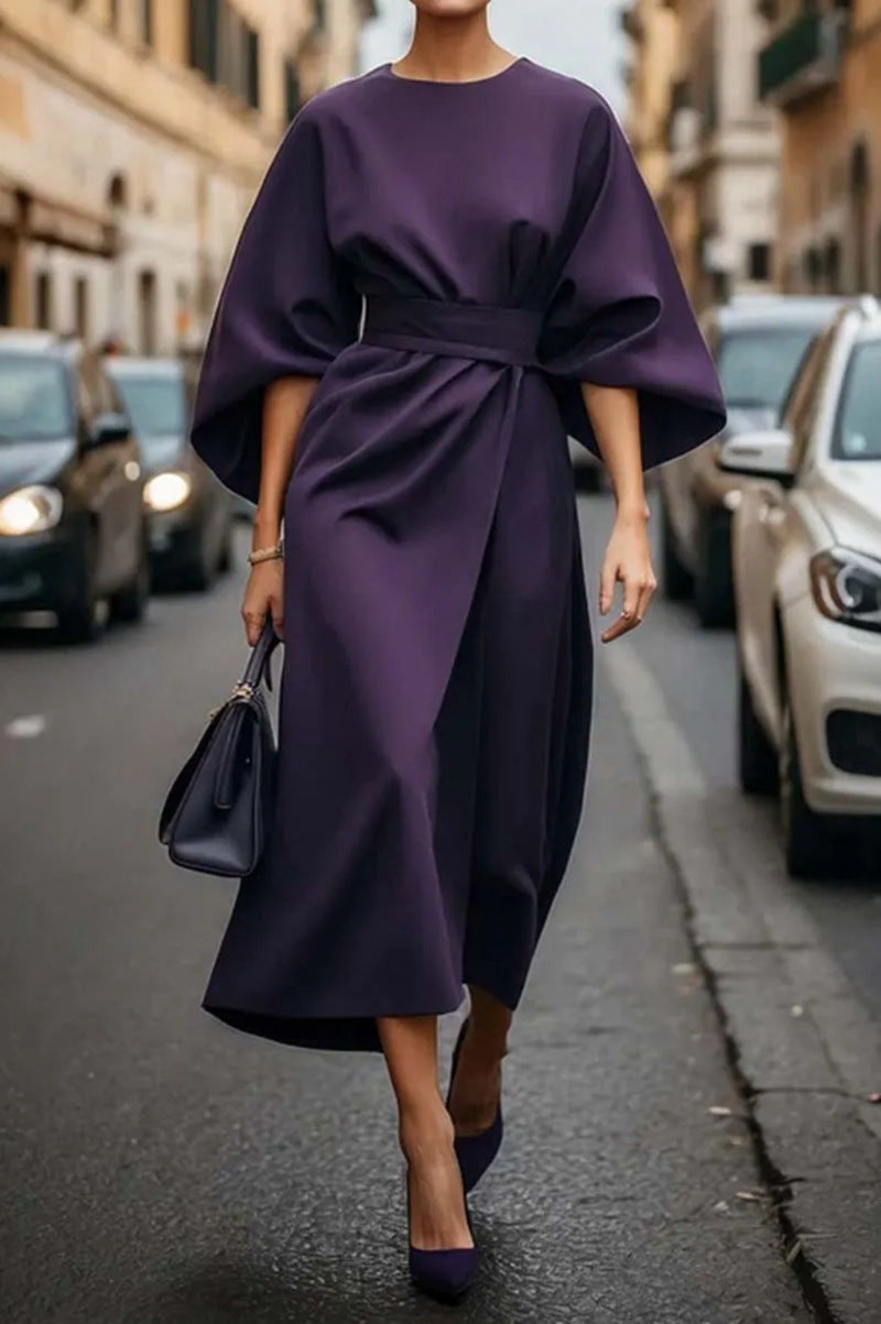 Women's Elegant Lace-Up Maxi Dress with Puff Sleeves