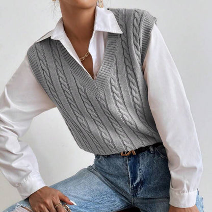 Women's Knitted Vest V-Neck Cable Knit Pattern Elegant Women's Vest