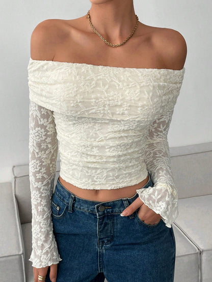 Women's Off-Shoulder Lace Long Sleeve Ruffle Top