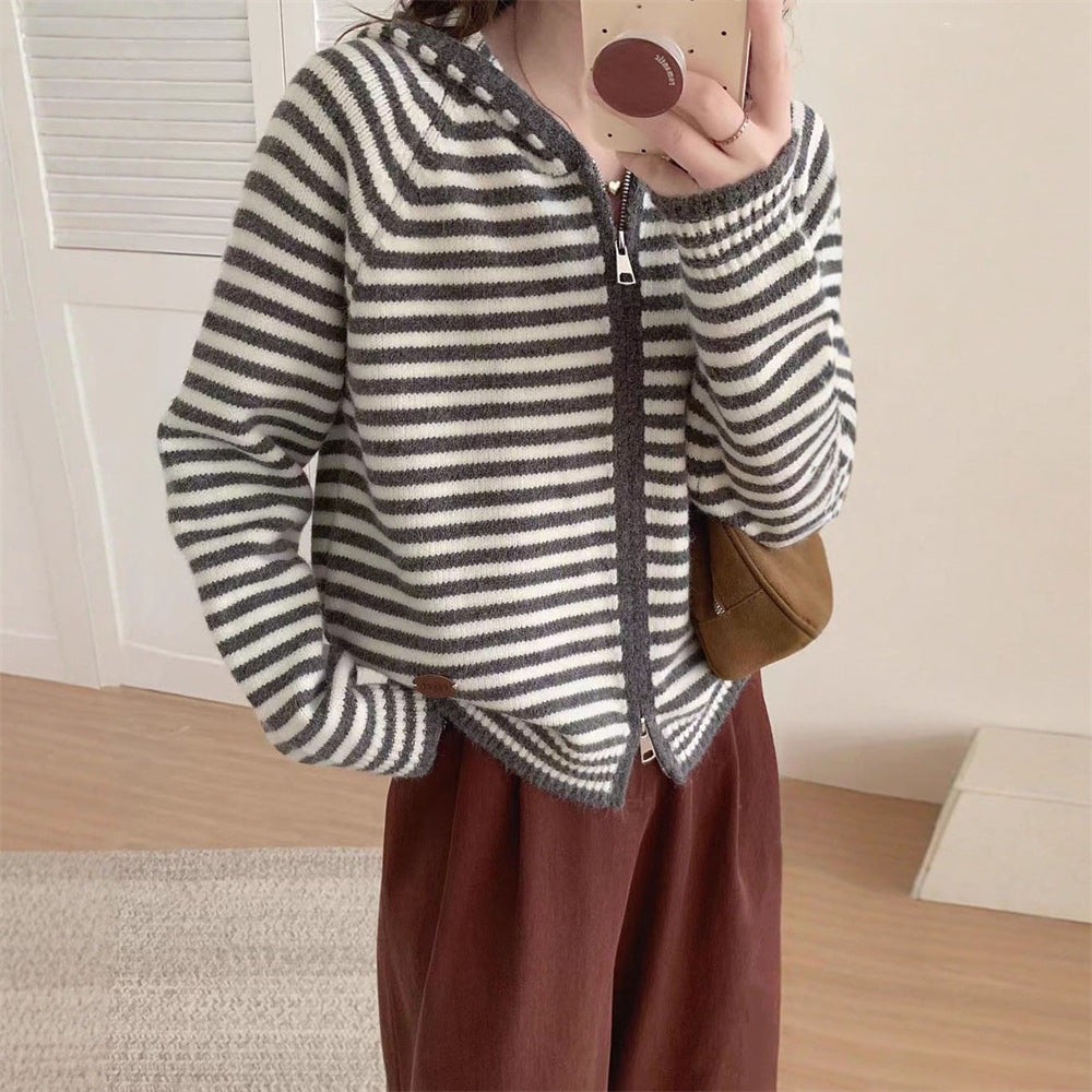 Women's Striped Jacket Hooded Parka With Pockets