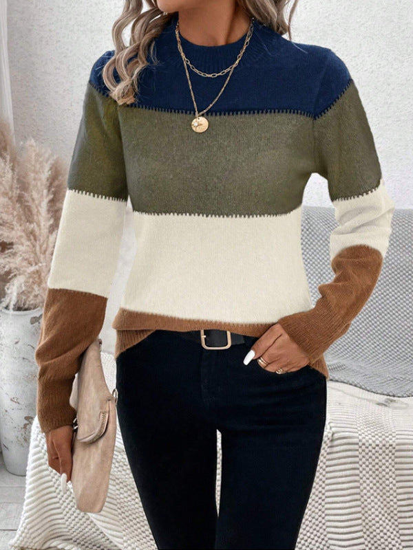 Women's Trendy Block Stripe High Collar Knitted Sweater
