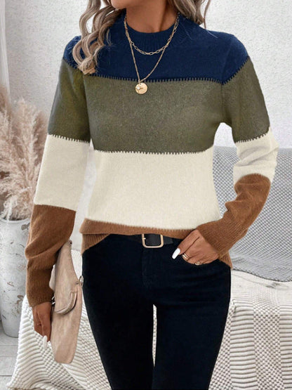 Women's Trendy Block Stripe High Collar Knitted Sweater