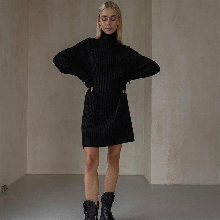 Women's Knitted Dress Elegant Design High Collar