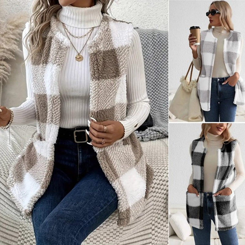 Damen Weste Karomuster Gemütlich Elegant - IdealeKleiden