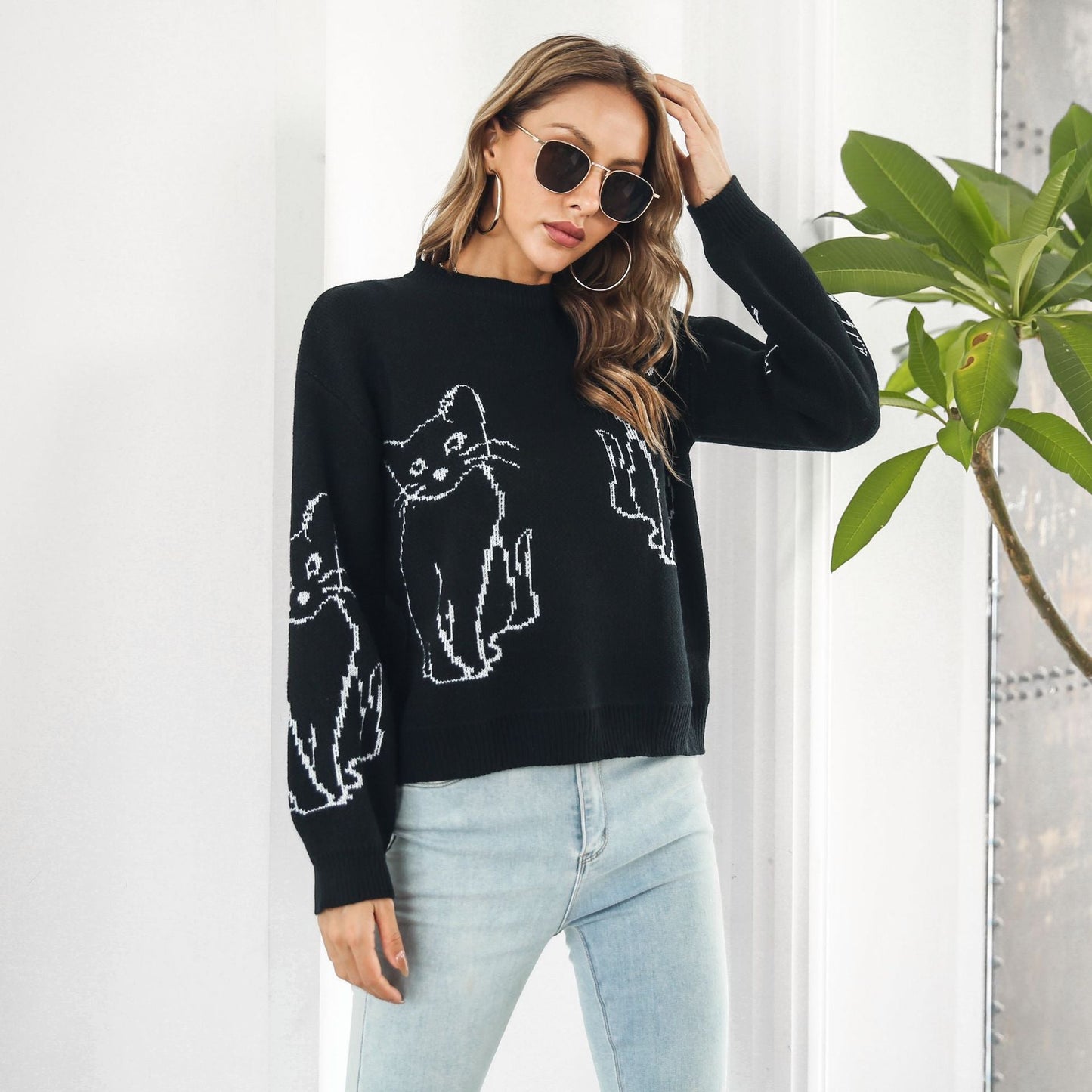 Women's Sweater Cat Pattern Casual and Comfortable