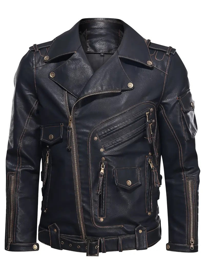 Men's Leather Jacket Biker Style Zipper Pockets