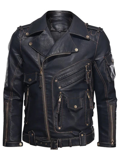 Men's Leather Jacket Biker Style Zipper Pockets