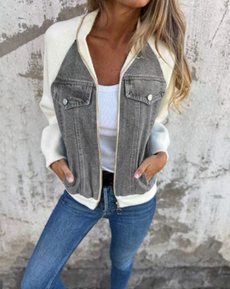 Women's Sweater Jacket Denim Style Fleece Sleeves