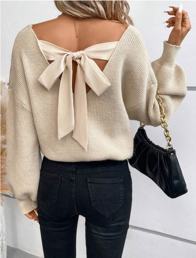 Damen Pullover mit Chic Schleife Ausschnitt - IdealeKleiden