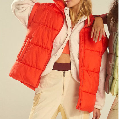 Women's Quilted Vest Woolly Winter Jacket With Collar And Pockets
