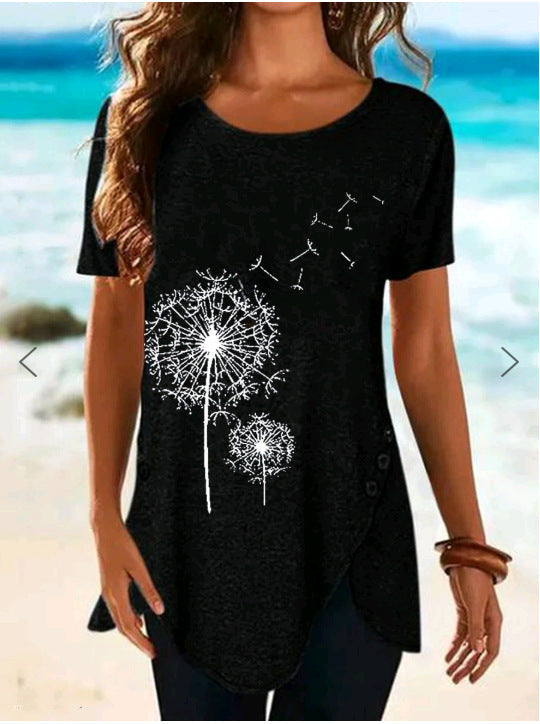 Women's Short-Sleeved Asymmetrical Dandelion Print Top
