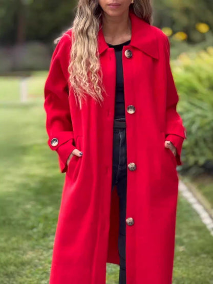 Elegant Women's Coat Long Cut Loose Fit Button Closure