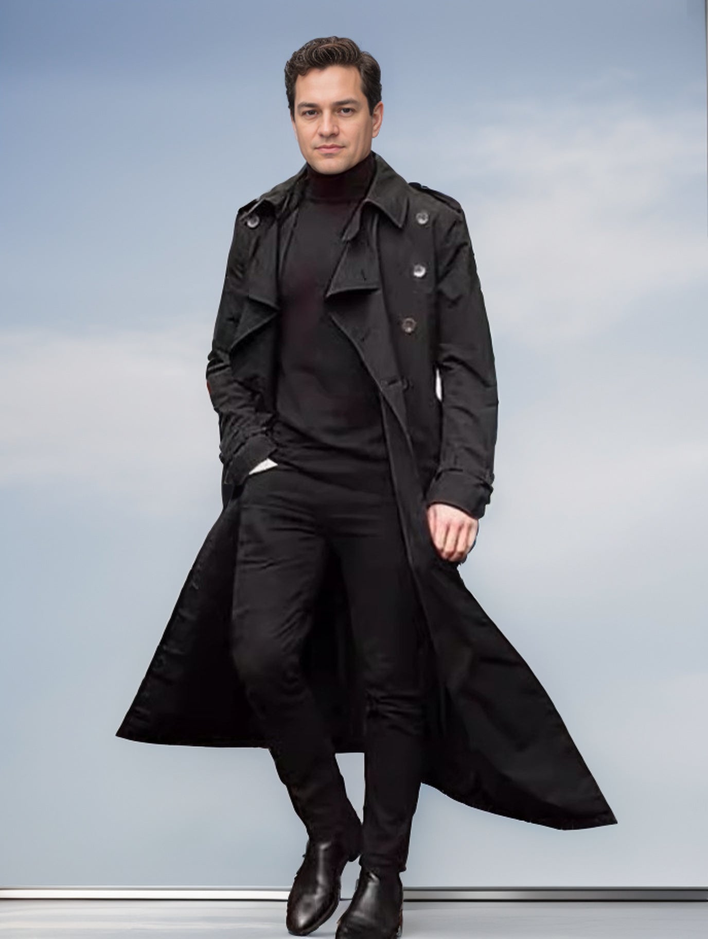 Men's Long Elegant Trench Coat with Pockets